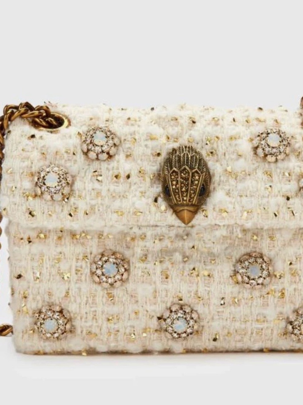Kurt Geiger London Cream Tweed Crystal Embellished Chain Shoulder Bag
